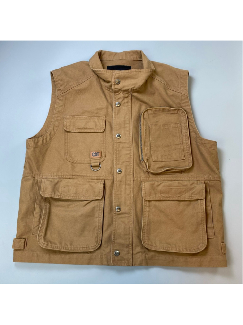 CAT Utility Vest Mens Large Brown Canvas Pockets Gorpcore Workwear Cotton